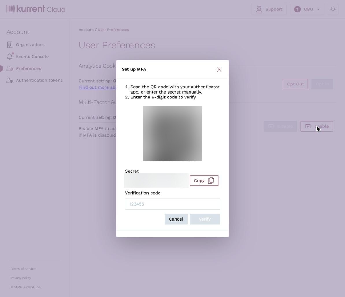Set up MFA dialog