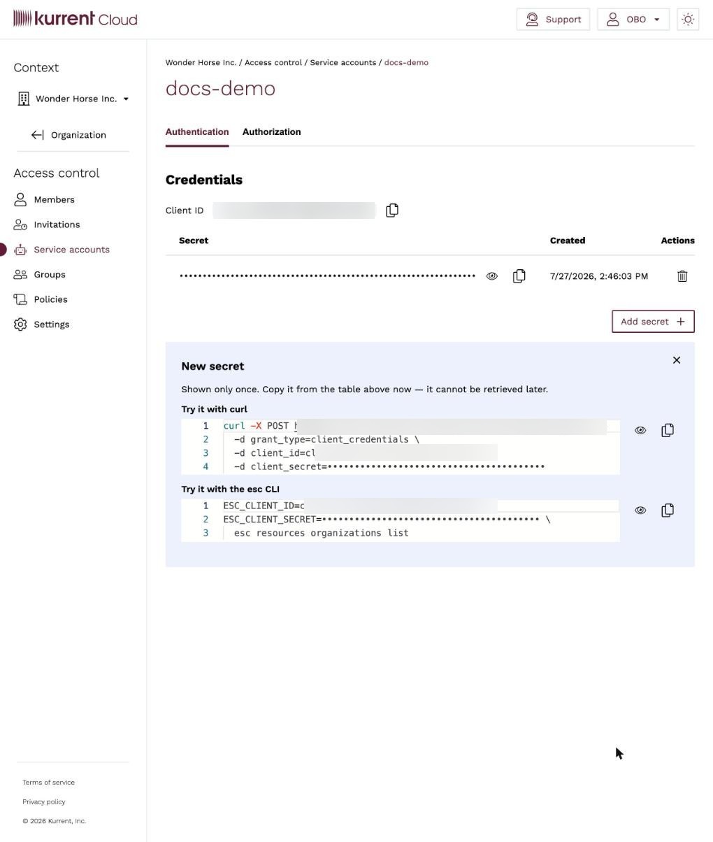 Service account Authentication tab — client ID and secret