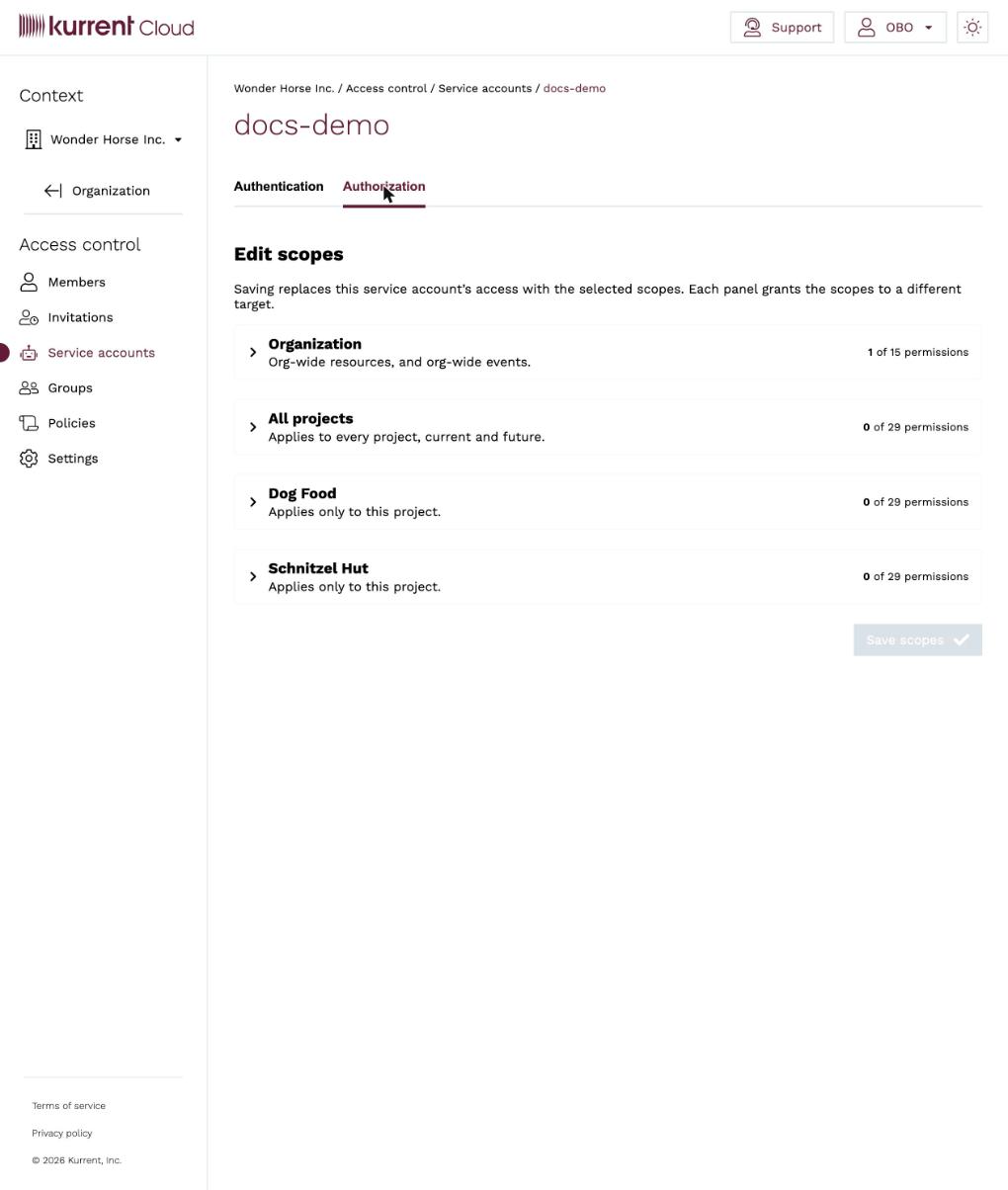 Service account Authorization tab — edit scopes