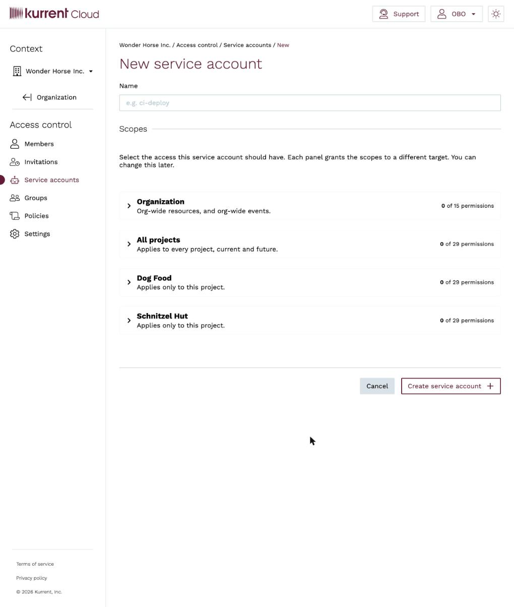 New service account — name and scope panels