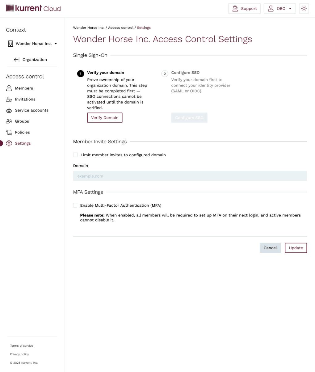 Access control settings — Single Sign-On, member invite, and MFA sections